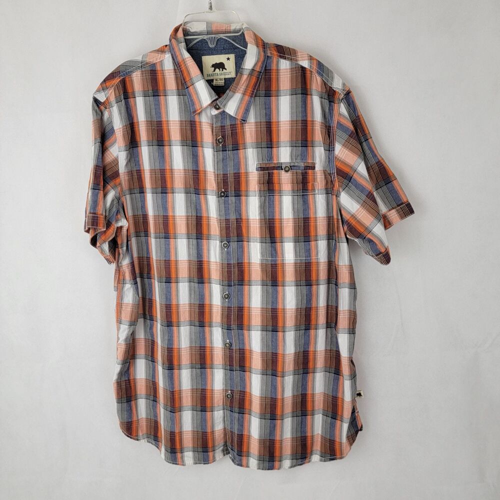 DAKOTA GRIZZLY Mens Button Up Shirt XL Plaid ORANGE Short Sleeve Casual Outdoor